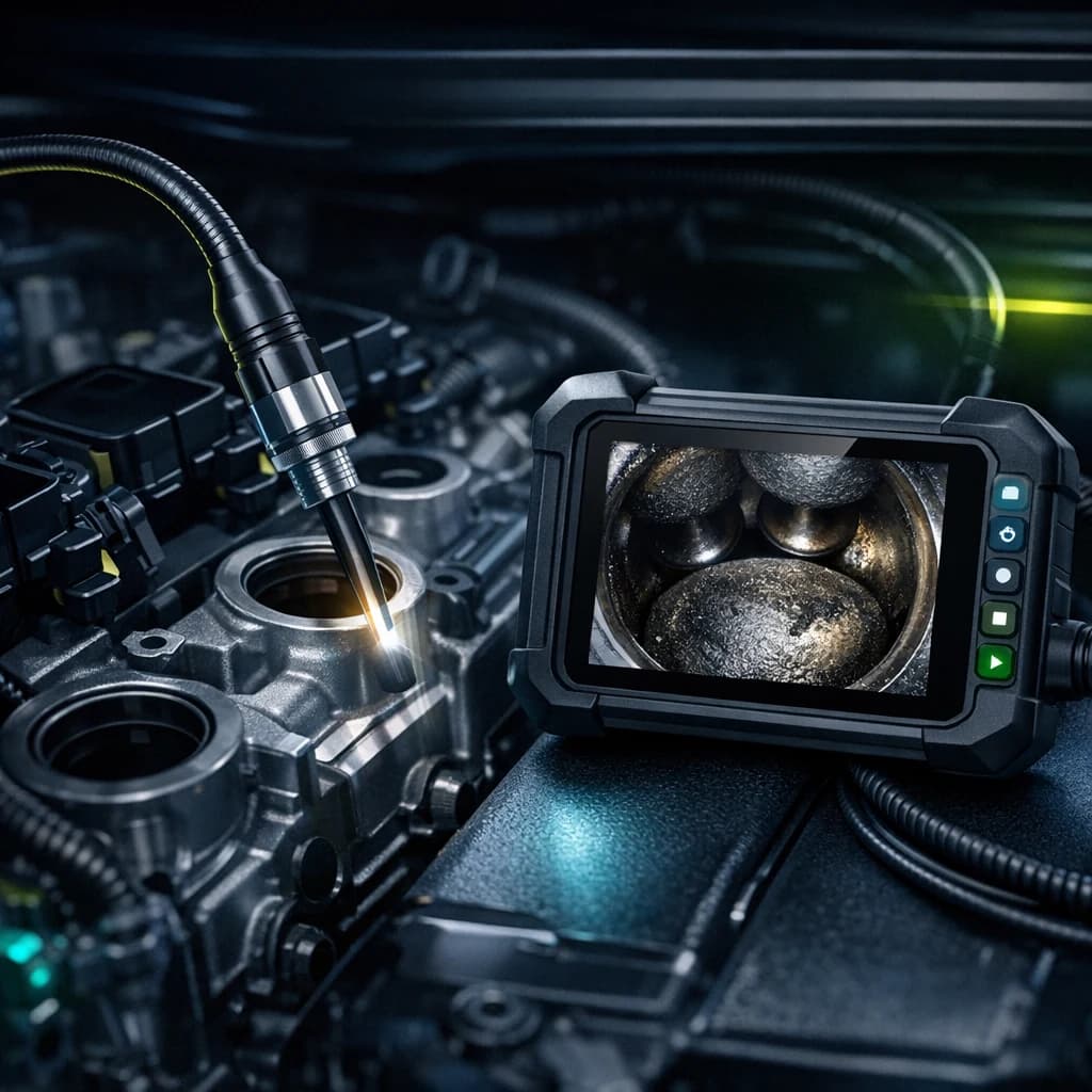 Endoskop Autel MV480 — sonda w otworze świecy z podglądem wnętrza cylindra na ekranie