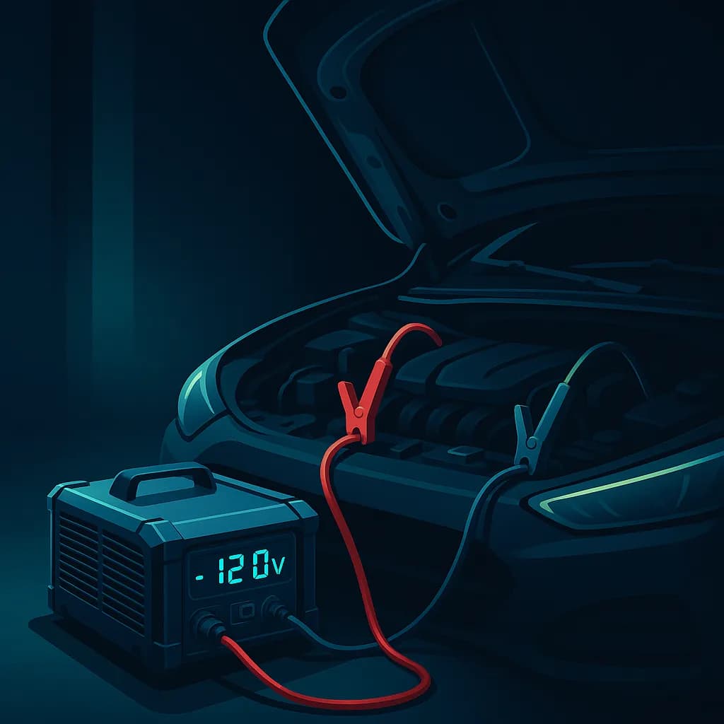 Zasilacz GYSFLASH 120.12 podłączony do akumulatora hybrydy — stabilizacja napięcia podczas wymiany 12V