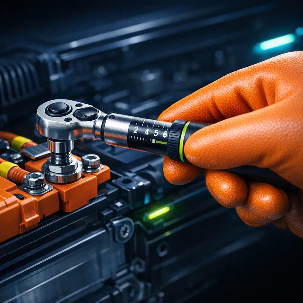 Klucz dynamometryczny dokręcający śrubę złącza HV na module baterii — ręka w rękawicy izolacyjnej