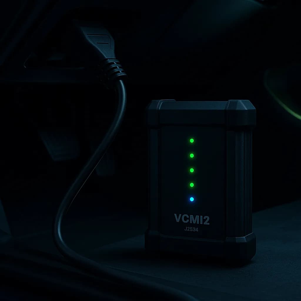 Interfejs MaxiFlash VCMI2 podłączony do złącza OBD — diody LED aktywne podczas procedury kodowania