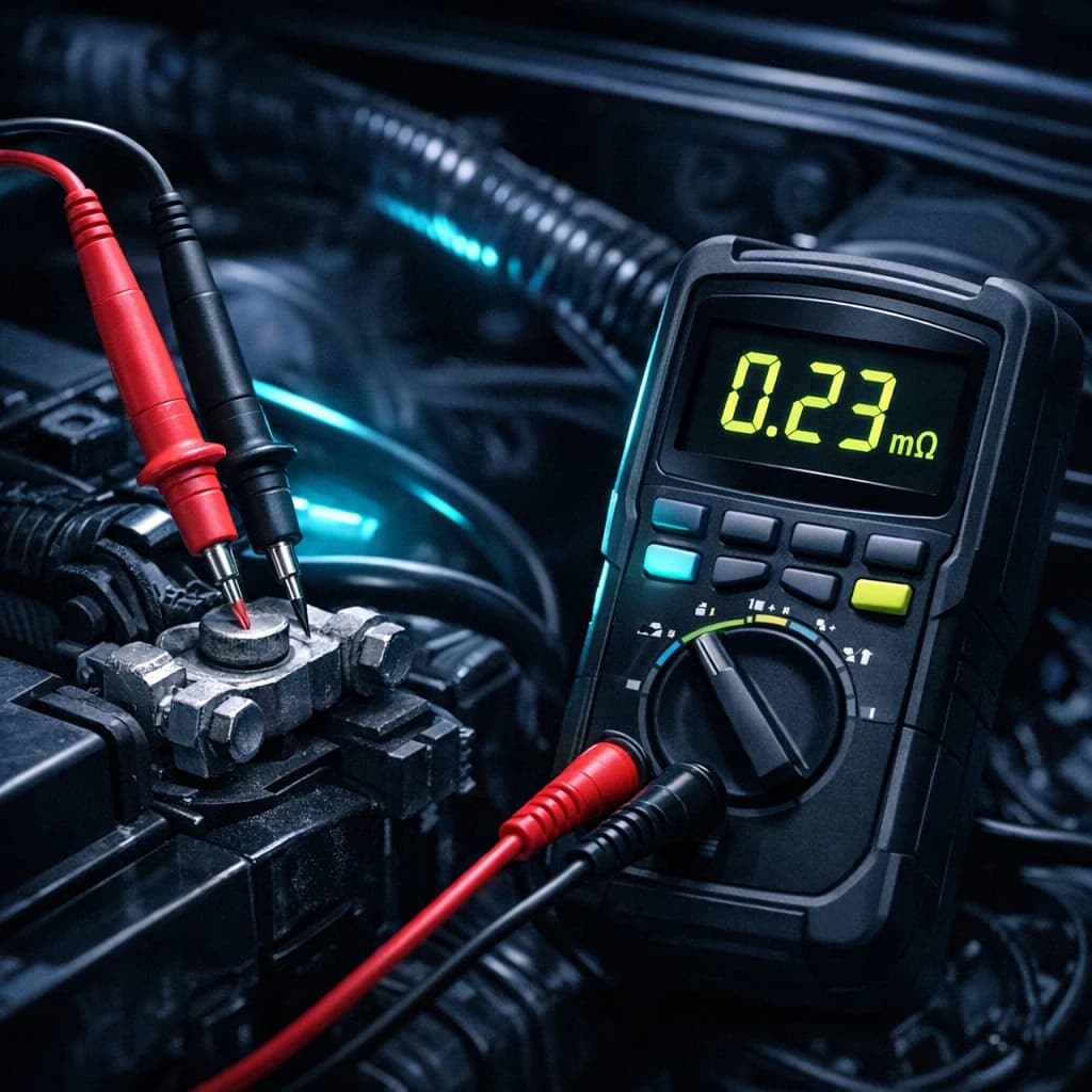 Milliohmmierz CEM DT5302 mierzący rezystancję zacisku baterii — odczyt w miliohmach na ekranie