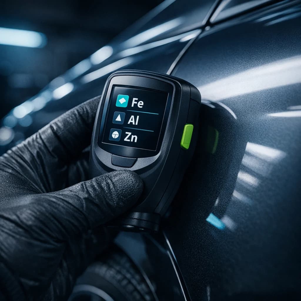 Miernik nextPTG przykładany do karoserii — ekran z odczytem metalu podłoża (Fe/Al/Zn)