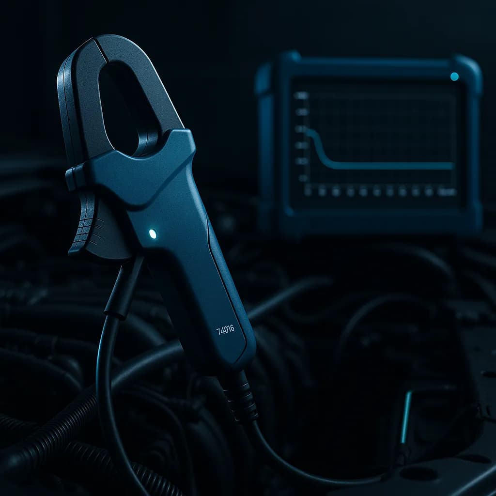 Cęgi prądowe Pico TA018 zaciśnięte na przewodzie 12V z przebiegiem oscyloskopowym w tle