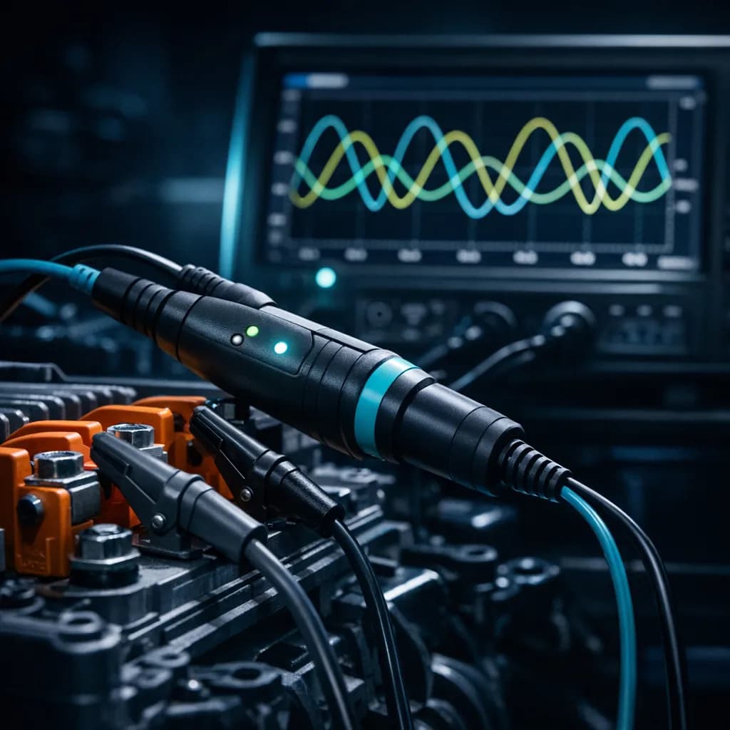 Sonda oscyloskopowa PicoScope TA168 podłączona do falownika hybrydy — przebieg napięciowy na ekranie