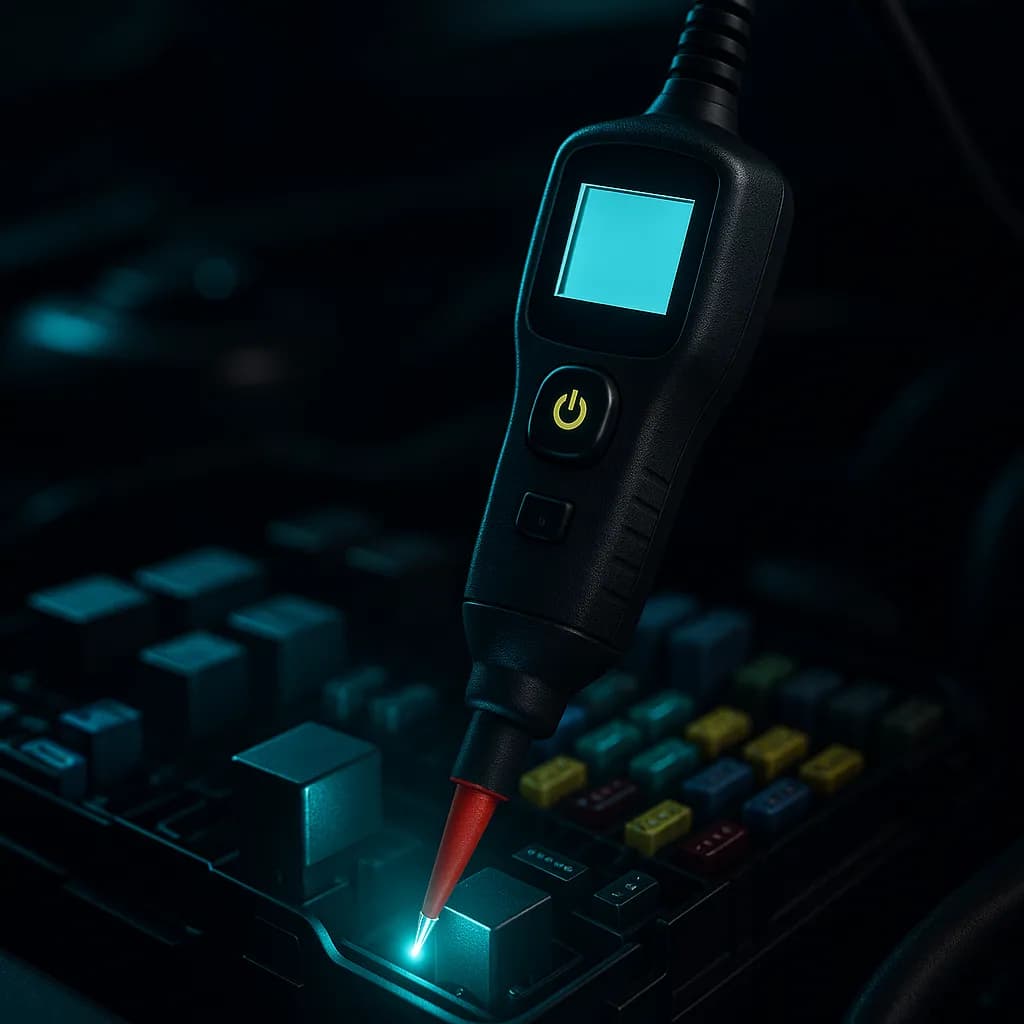 Tester obwodów PowerScan PS100 z sondą przyłożoną do przekaźnika w skrzynce bezpieczników samochodu