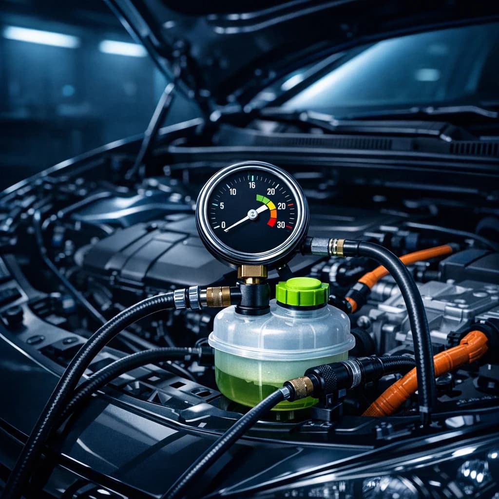 Manometr zestawu ciśnieniowego na zbiorniczku wyrównawczym hybrydy — test szczelności chłodzenia