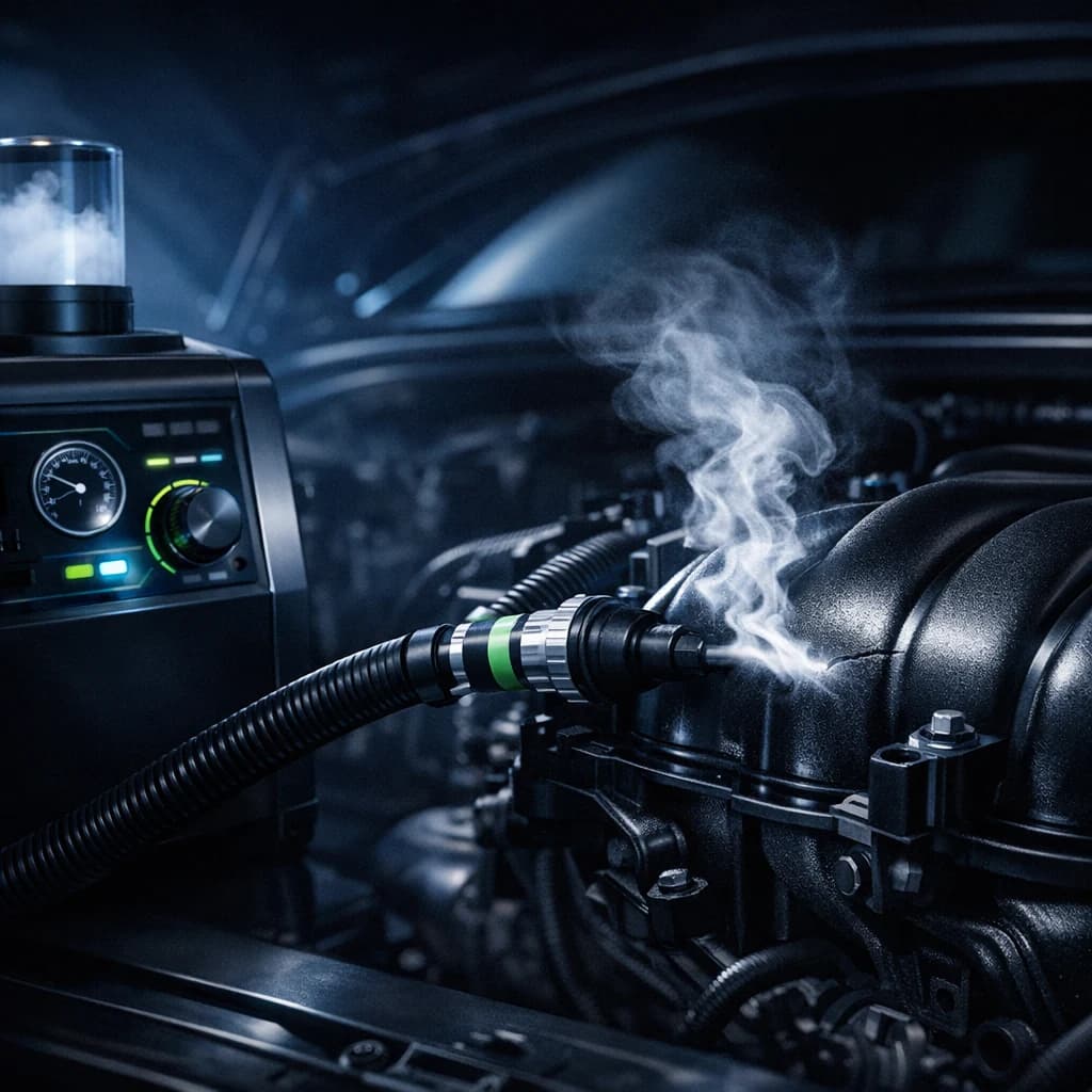 Wytwornica dymu podłączona do dolotu silnika — dym wydobywa się z nieszczelności