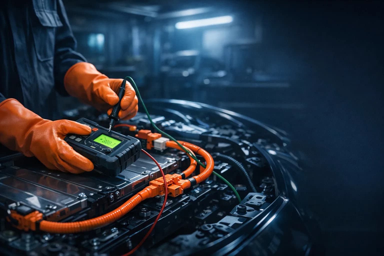 Technik mierzy izolację układu wysokiego napięcia EV.