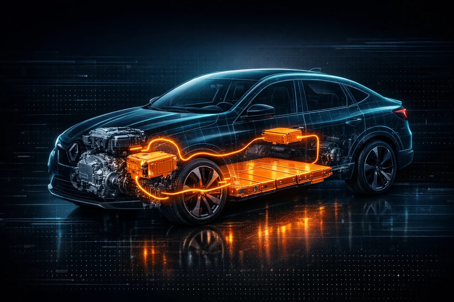Renault Arkana E-Tech GT w przekroju x-ray — pomarańczowy układ HV: skrzynia E-Tech, falownik i bateria trakcyjna pod podłogą, kable wysokiego napięcia.