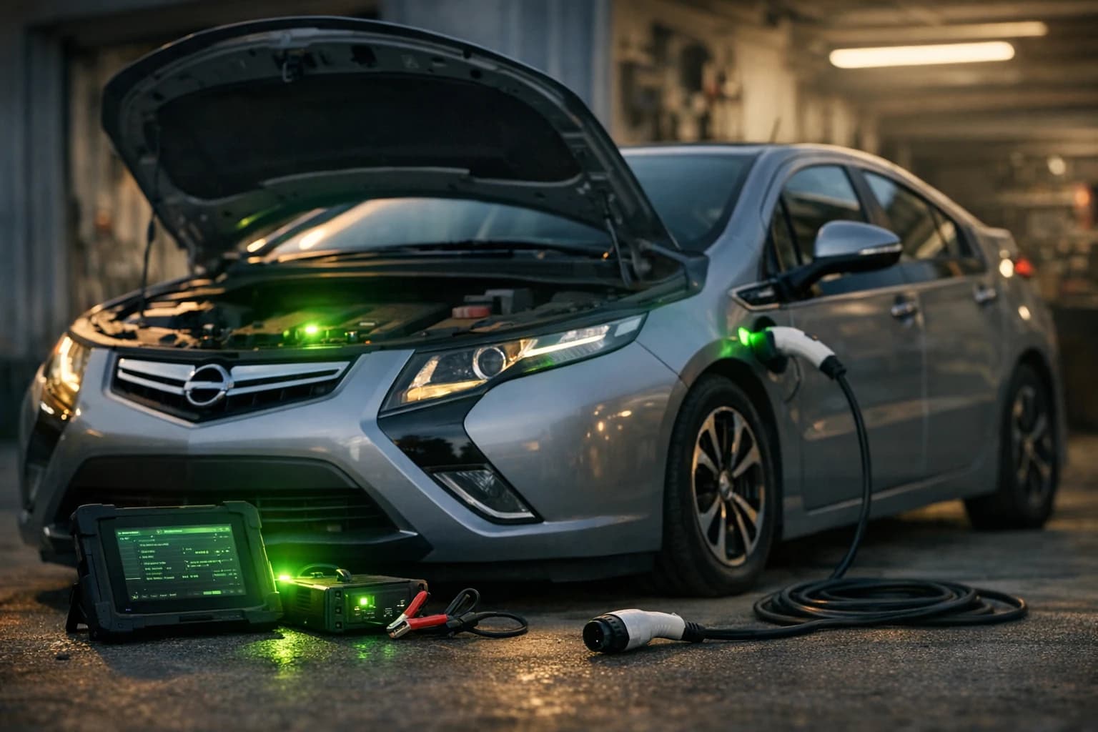 Srebrno-szary Opel Ampera 2012 na podjeździe warsztatowym z uniesioną maską, tablet diagnostyczny i stabilizator 12 V przy przednim pasie, kabel ładowania przy gnieździe, subtelny diagnostyczny akcent