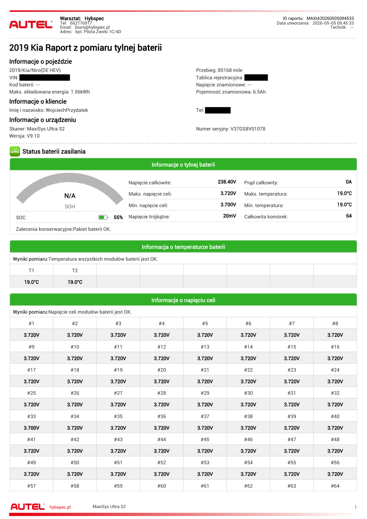 Raport pomiaru HV Kia Niro — strona 1: napięcia 6 modułów, delta 8 mV, zakres normy